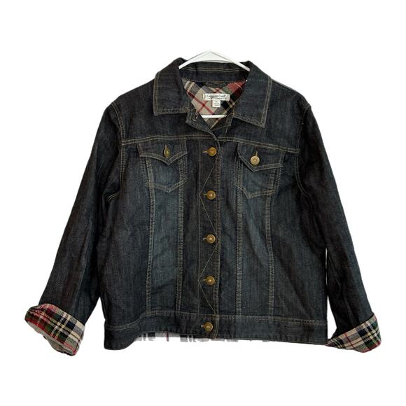 Coldwater Creek Blue Denim Jacked with Plaid Trim, Petite Large, Pre-owned - Picture 1 of 5
